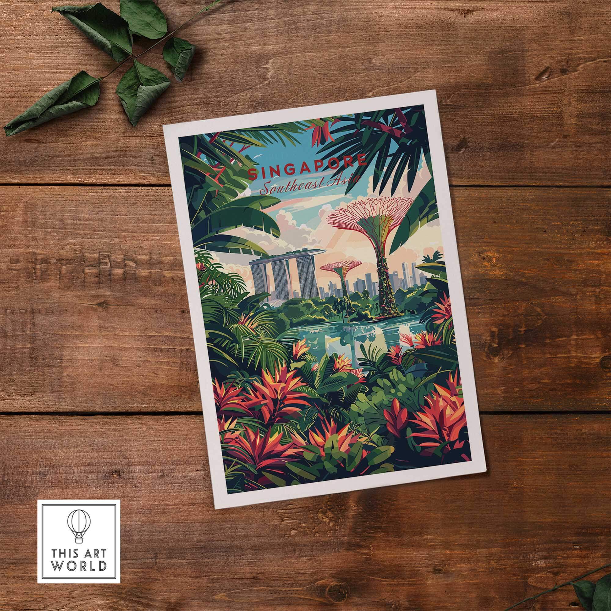 Singapore Marina Bay Poster featuring vibrant cityscape and lush gardens, perfect for modern decor.