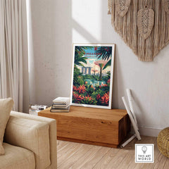 Singapore Marina Bay Poster showcasing vibrant skyline and tropical scenery in an elegant living space.