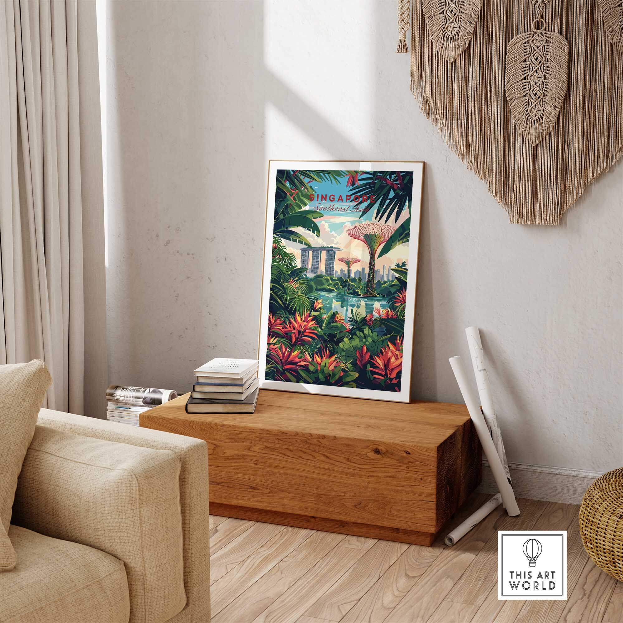 Singapore Marina Bay Poster showcasing vibrant skyline and tropical scenery in an elegant living space.