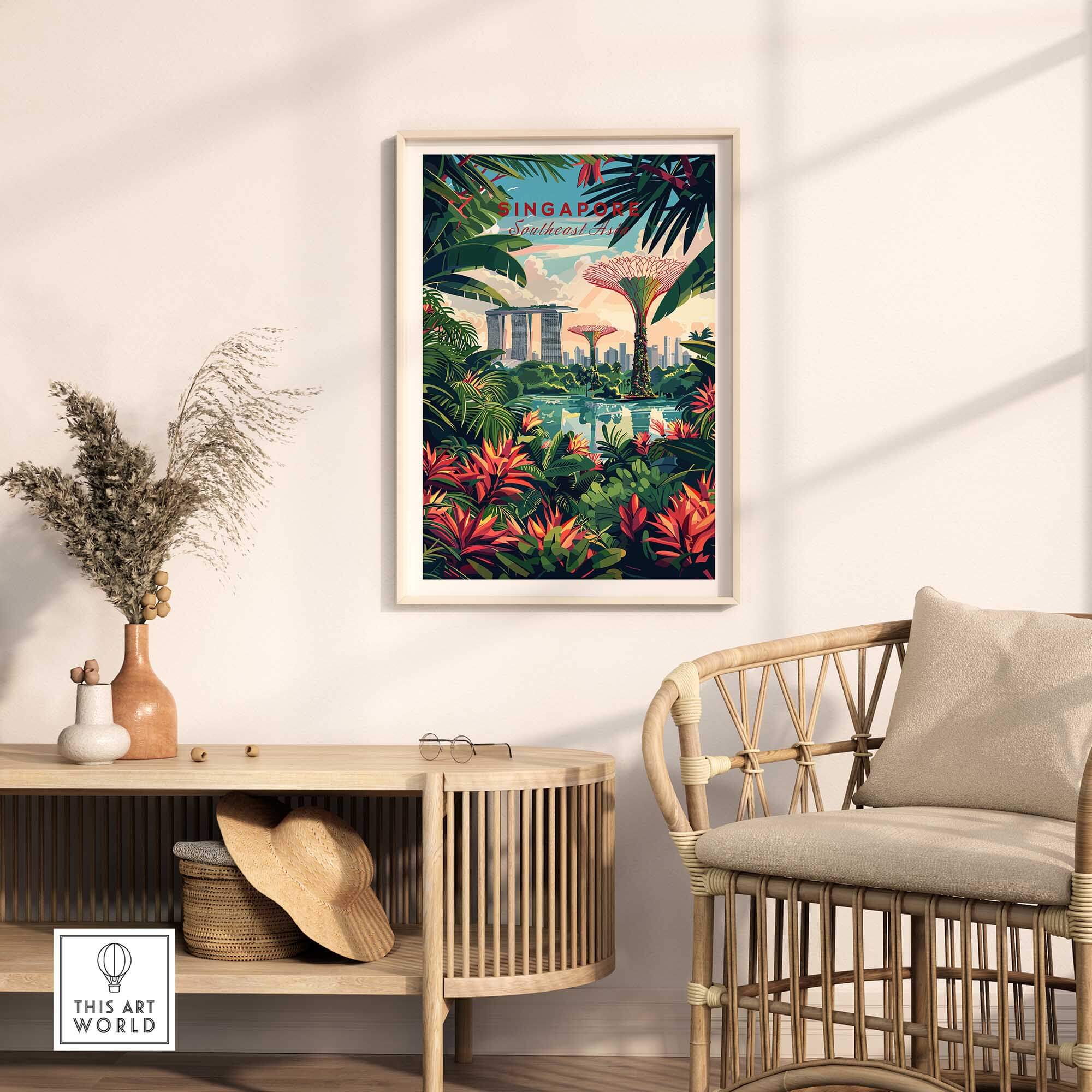Singapore Marina Bay Poster showcasing vibrant cityscape and lush greenery in an elegant living space.