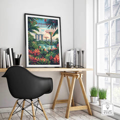 Singapore Marina Bay Poster framed on a desk in a modern workspace, showcasing tropical plants and a stunning skyline.