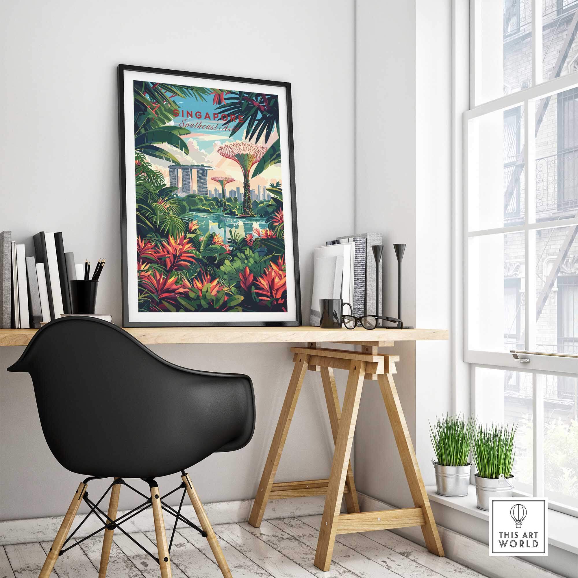 Singapore Marina Bay Poster framed on a desk in a modern workspace, showcasing tropical plants and a stunning skyline.