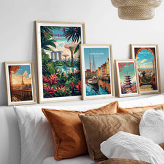 Singapore Marina Bay Poster and other travel prints displayed on a stylish wall above a cozy sofa.