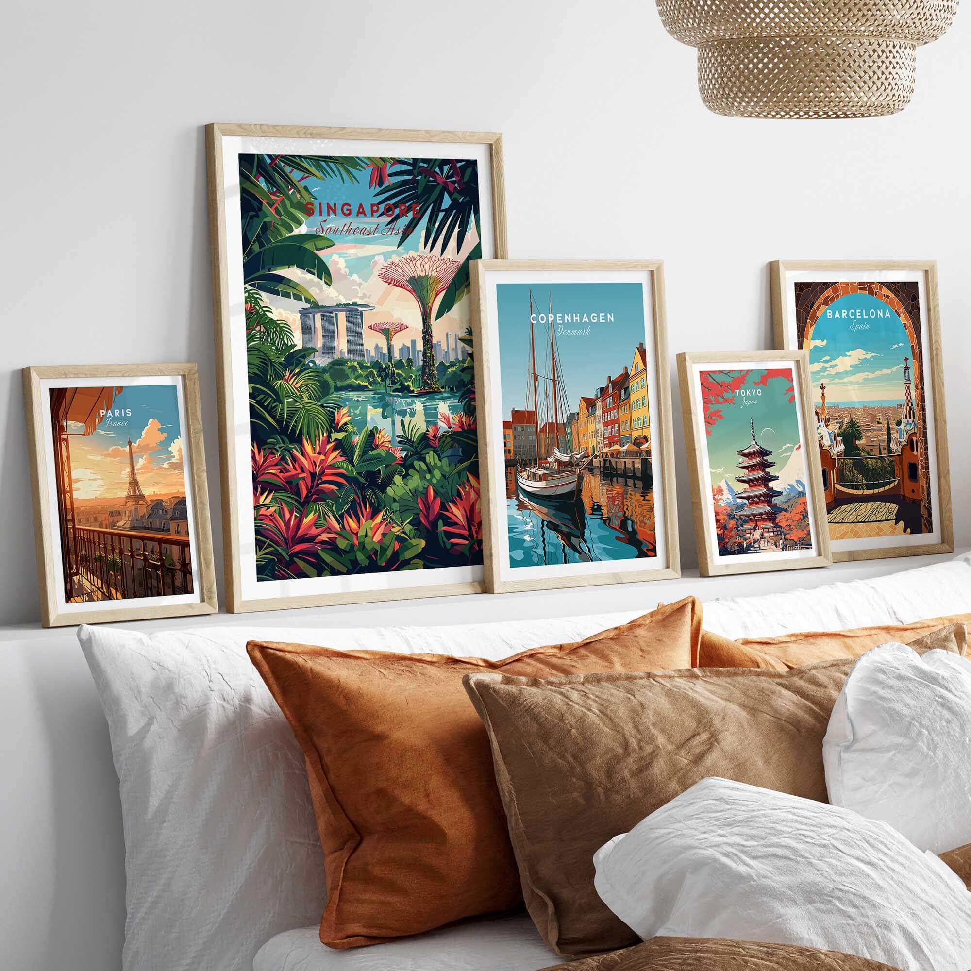 Singapore Marina Bay Poster and other travel prints displayed on a stylish wall above a cozy sofa.