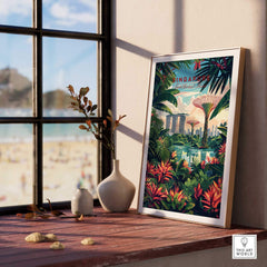Singapore Marina Bay Poster displayed in a modern setting with lush greenery and a beach view in the background.