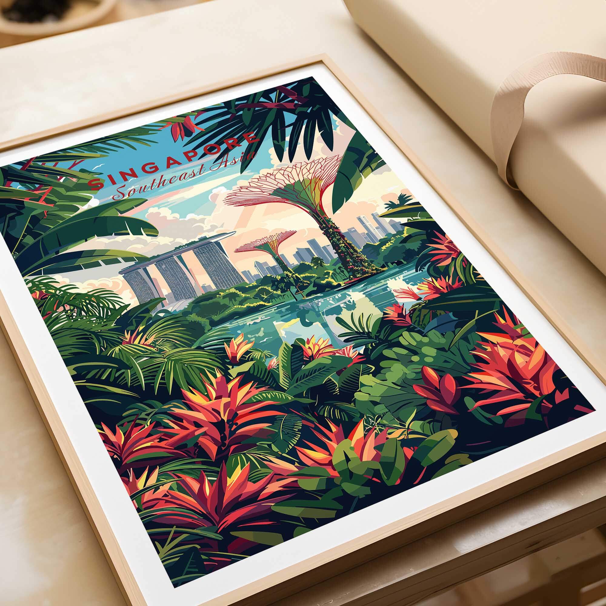 Singapore Marina Bay Poster featuring vibrant tropical plants and the iconic Marina Bay skyline in Southeast Asia.