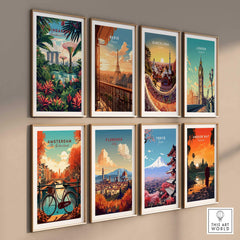 Colorful travel posters featuring iconic cities like Singapore, Paris, and Tokyo, perfect for home decor.