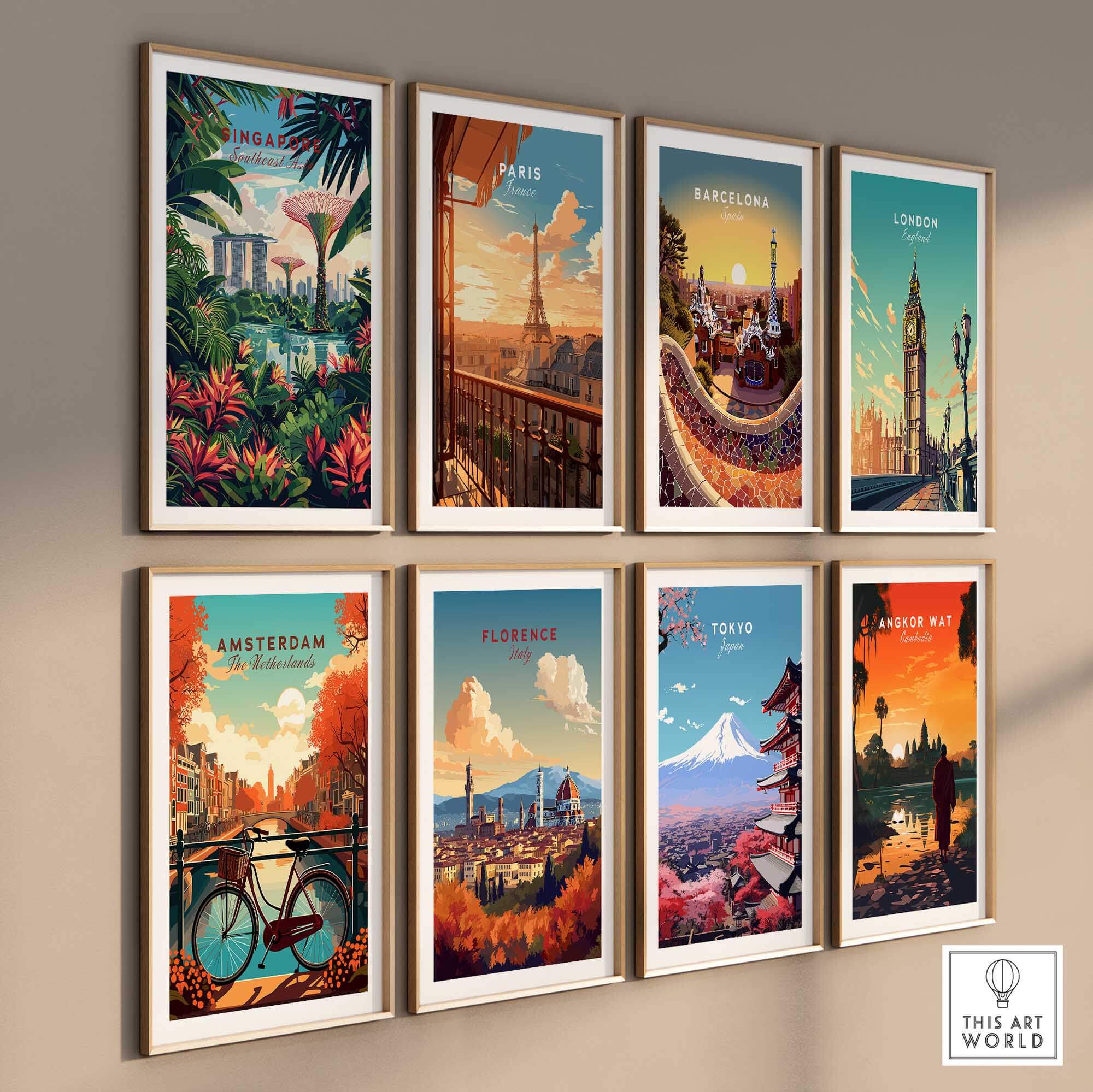 Colorful travel posters featuring iconic cities like Singapore, Paris, and Tokyo, perfect for home decor.