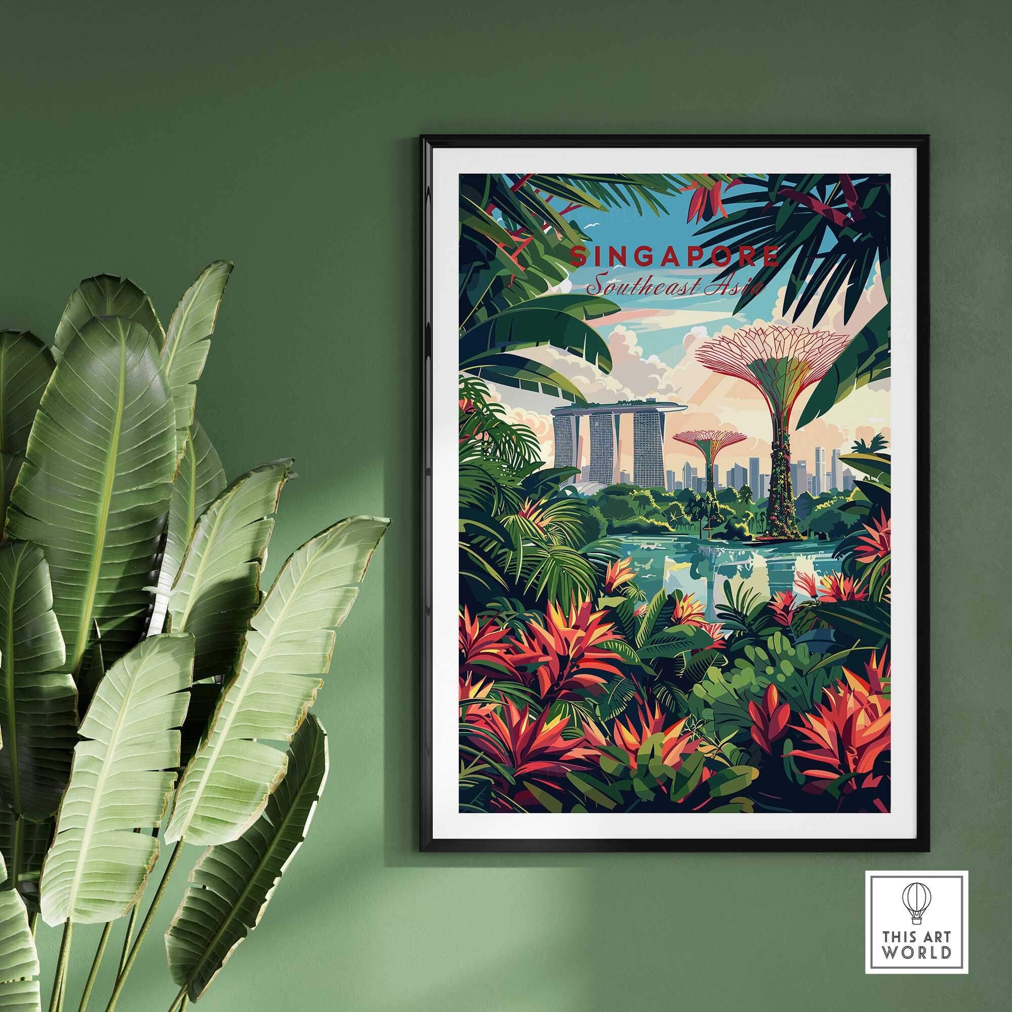 Singapore Marina Bay Poster featuring lush greenery and iconic architecture in vibrant colors.