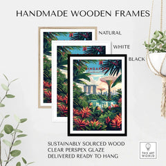 Handmade wooden frames in natural, white, and black showcasing Singapore Marina Bay Poster with sustainable wood.
