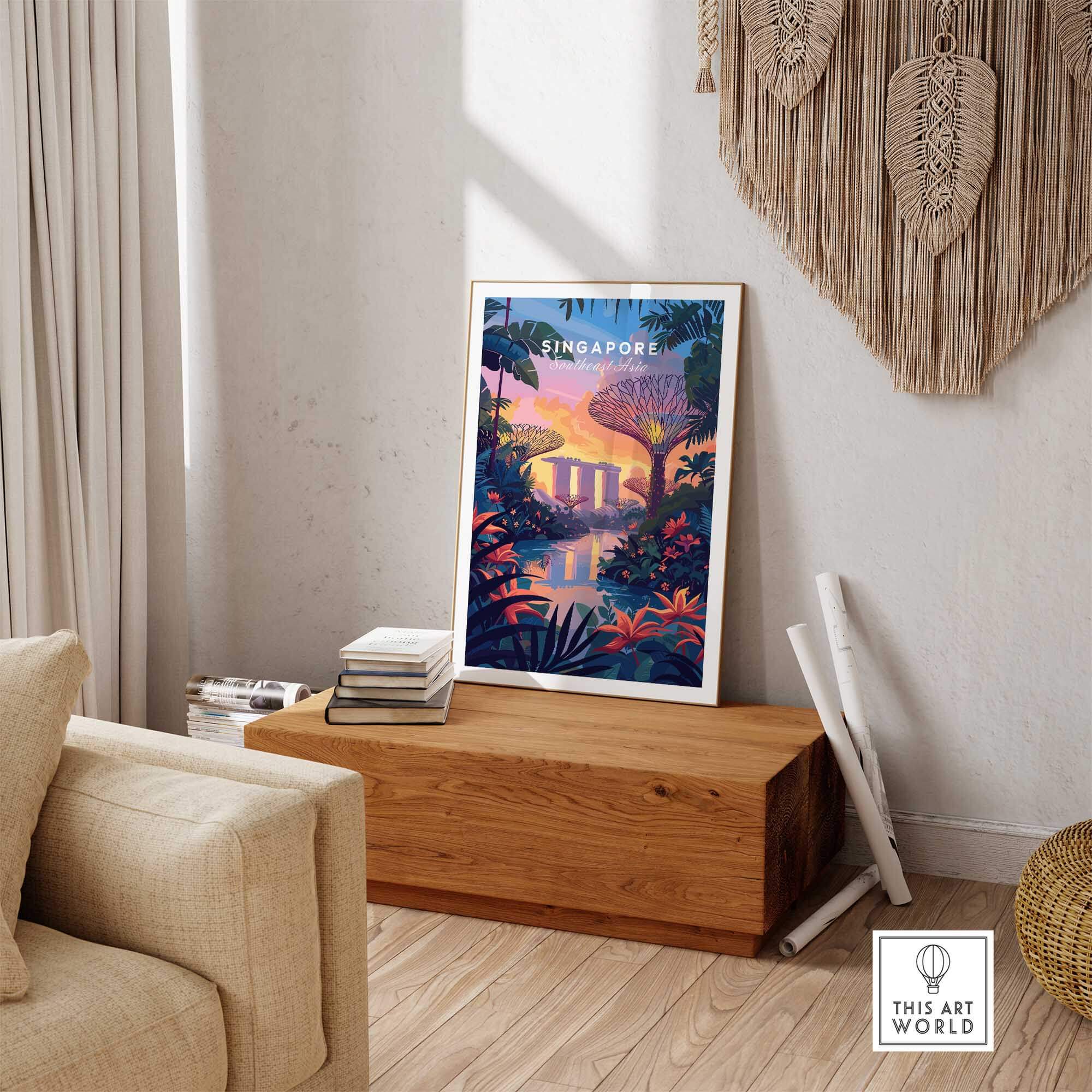 Singapore Poster featuring Gardens by the Bay, ideal for home decor and adding a touch of nature to your space.
