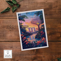 Singapore Poster showcasing Gardens by the Bay at sunset on a vibrant background.