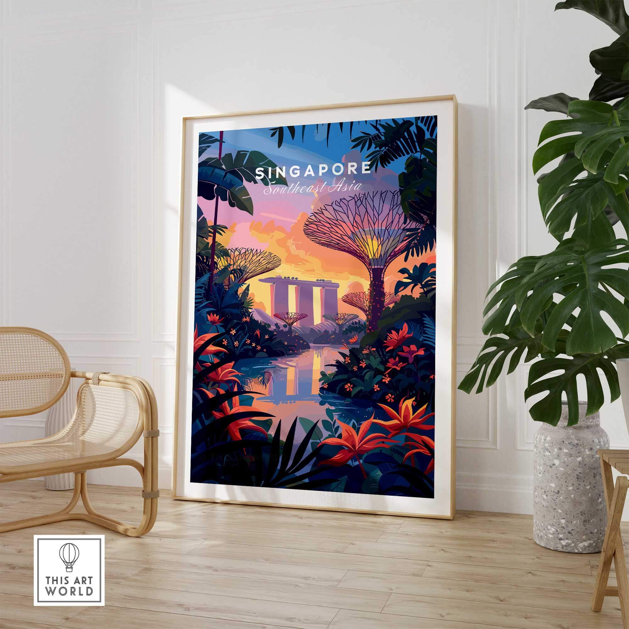 Singapore Poster showcasing the iconic Gardens by the Bay, bringing vibrant nature and culture to your home decor.