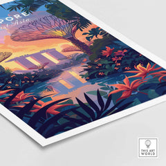 Singapore Poster featuring Gardens by the Bay, vibrant flora and sunset scene for a serene home decor.
