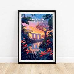 Singapore Poster featuring Gardens on the Bay with vibrant colors and lush foliage, showcasing Singapore's beauty.