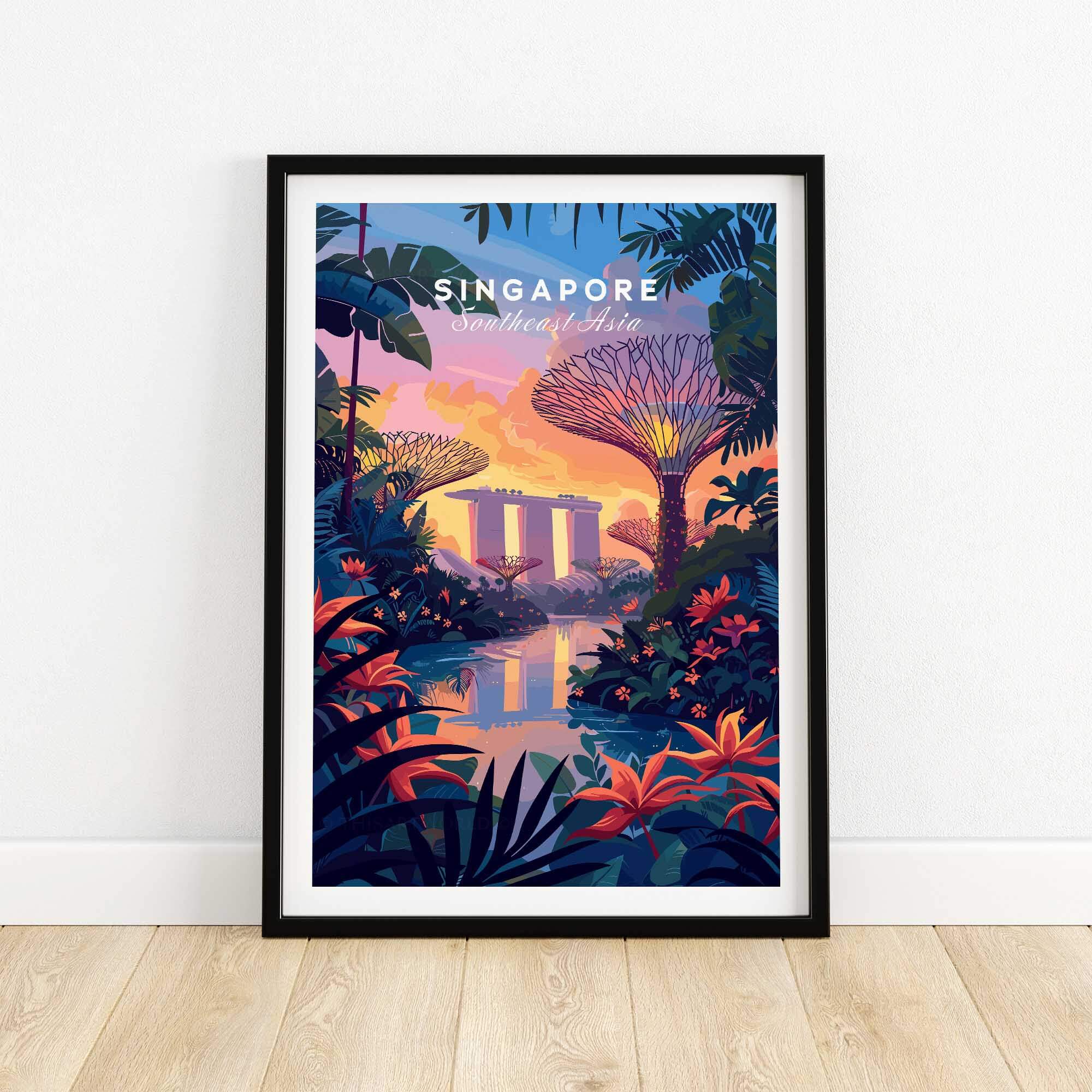 Singapore Poster featuring Gardens on the Bay with vibrant colors and lush foliage, showcasing Singapore's beauty.