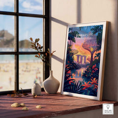 Singapore Poster showcasing Gardens on the Bay, framed on a windowsill with serene beach view.