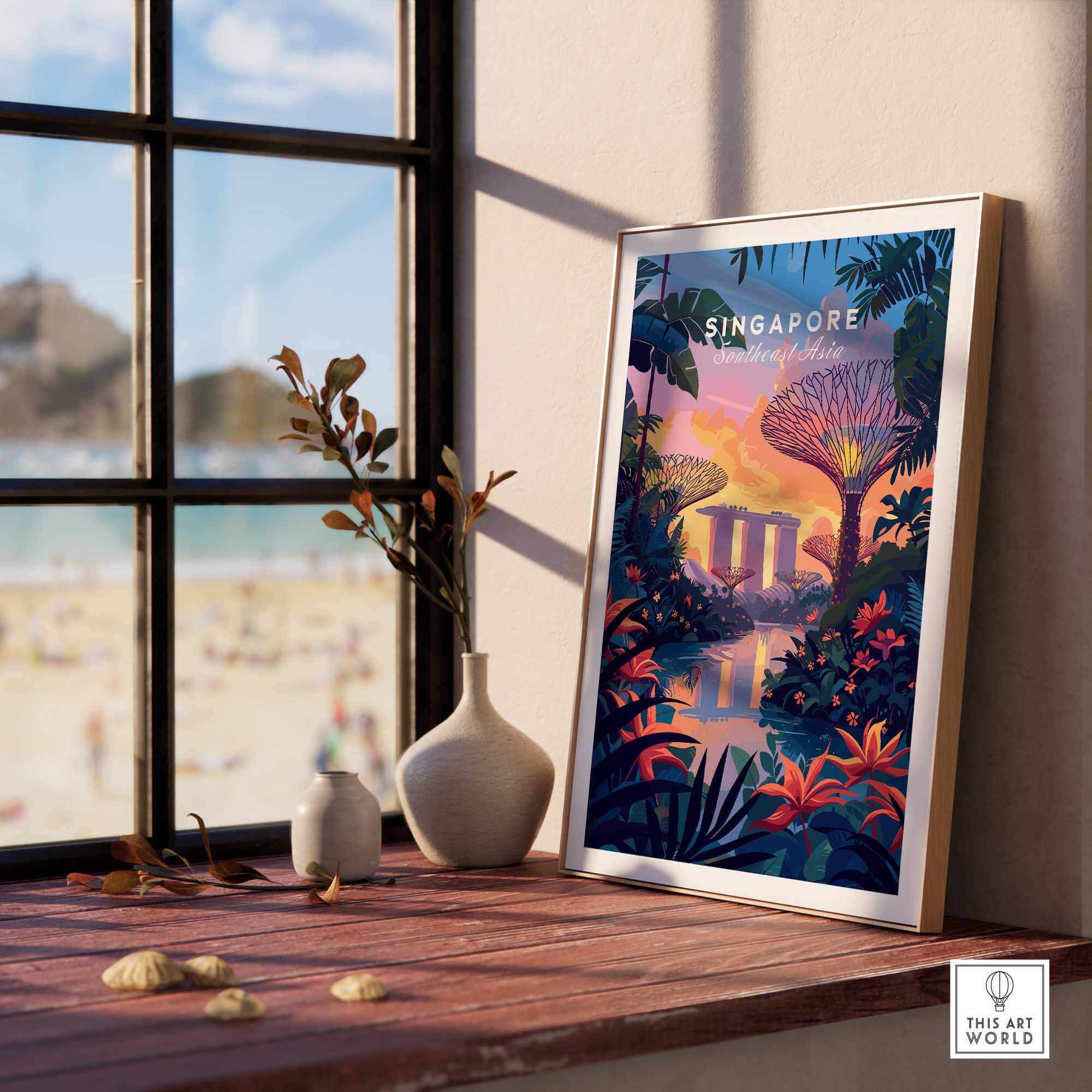 Singapore Poster showcasing Gardens on the Bay, framed on a windowsill with serene beach view.