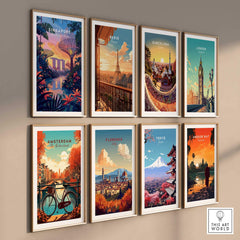 Singapore Poster among other travel posters including Paris, Barcelona, and London, showcasing beautiful cityscapes.