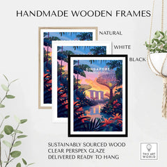 Handmade wooden frames for Singapore Poster in natural, white, and black finishes, ready to hang.