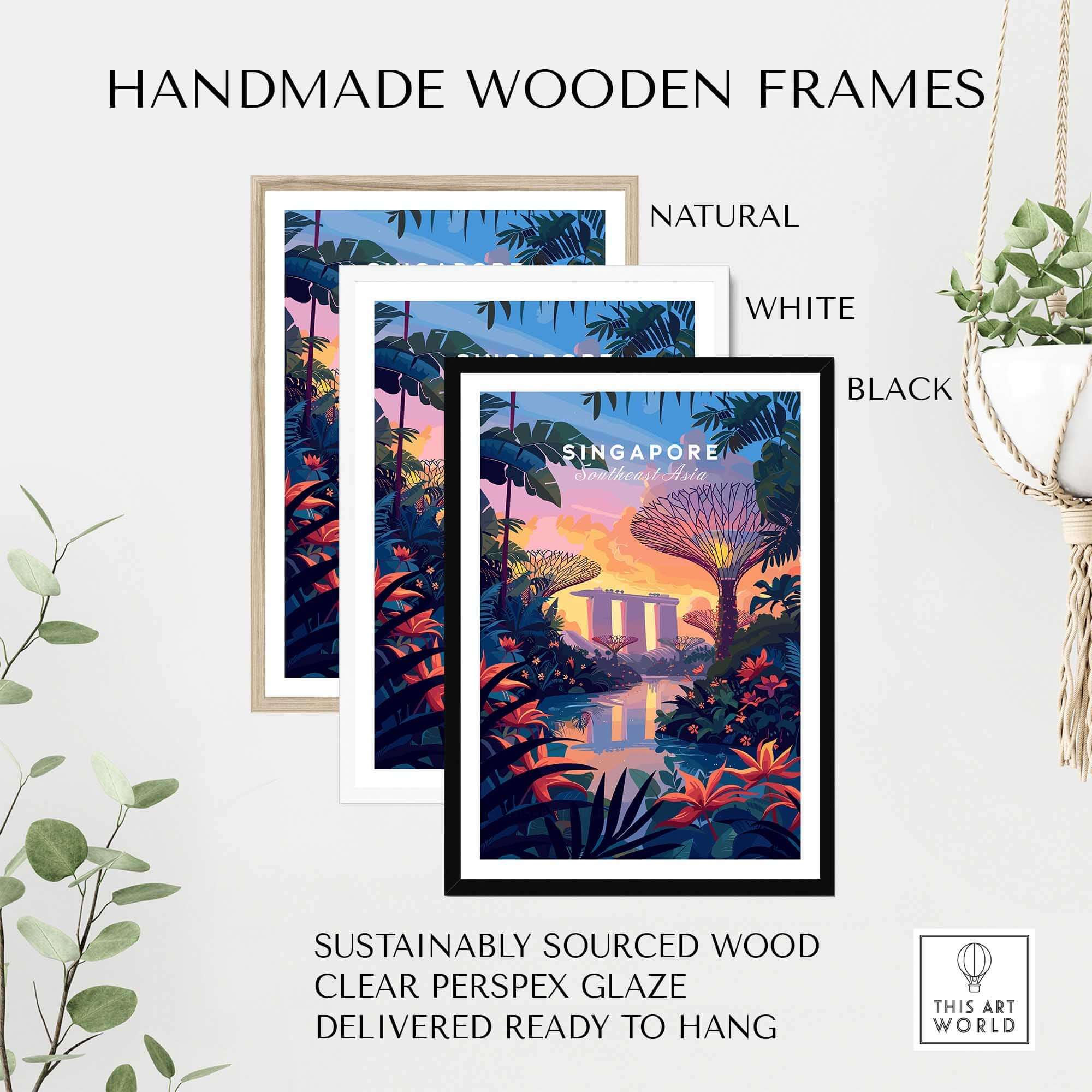 Handmade wooden frames for Singapore Poster in natural, white, and black finishes, ready to hang.