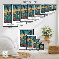 Singapore Travel Poster - Southeast Asia size guide for wall art frames featuring various dimensions.
