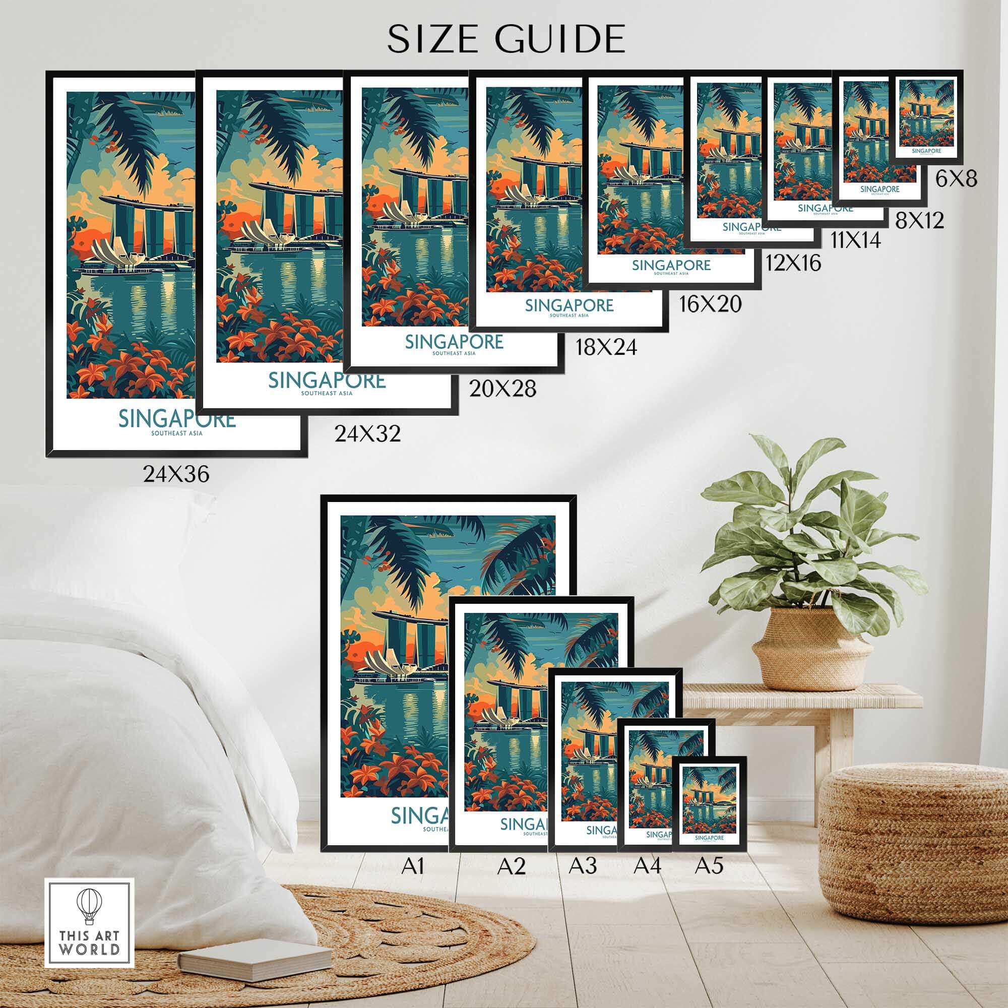 Singapore Travel Poster - Southeast Asia size guide for wall art frames featuring various dimensions.