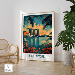 Singapore Travel Poster - Southeast Asia featuring Marina Bay Sands and tropical foliage in vibrant colors.