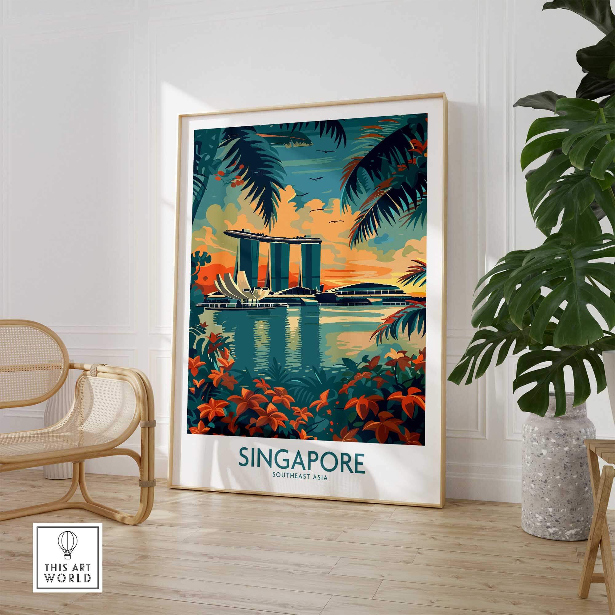 Singapore Travel Poster - Southeast Asia featuring Marina Bay Sands and tropical foliage in vibrant colors.
