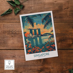 Singapore Travel Poster - Southeast Asia featuring Marina Bay Sands amidst tropical foliage on a wooden table