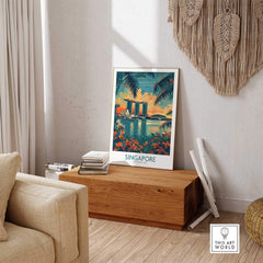 Singapore Travel Poster - Southeast Asia featuring Marina Bay Sands and tropical scenery in a stylish interior.