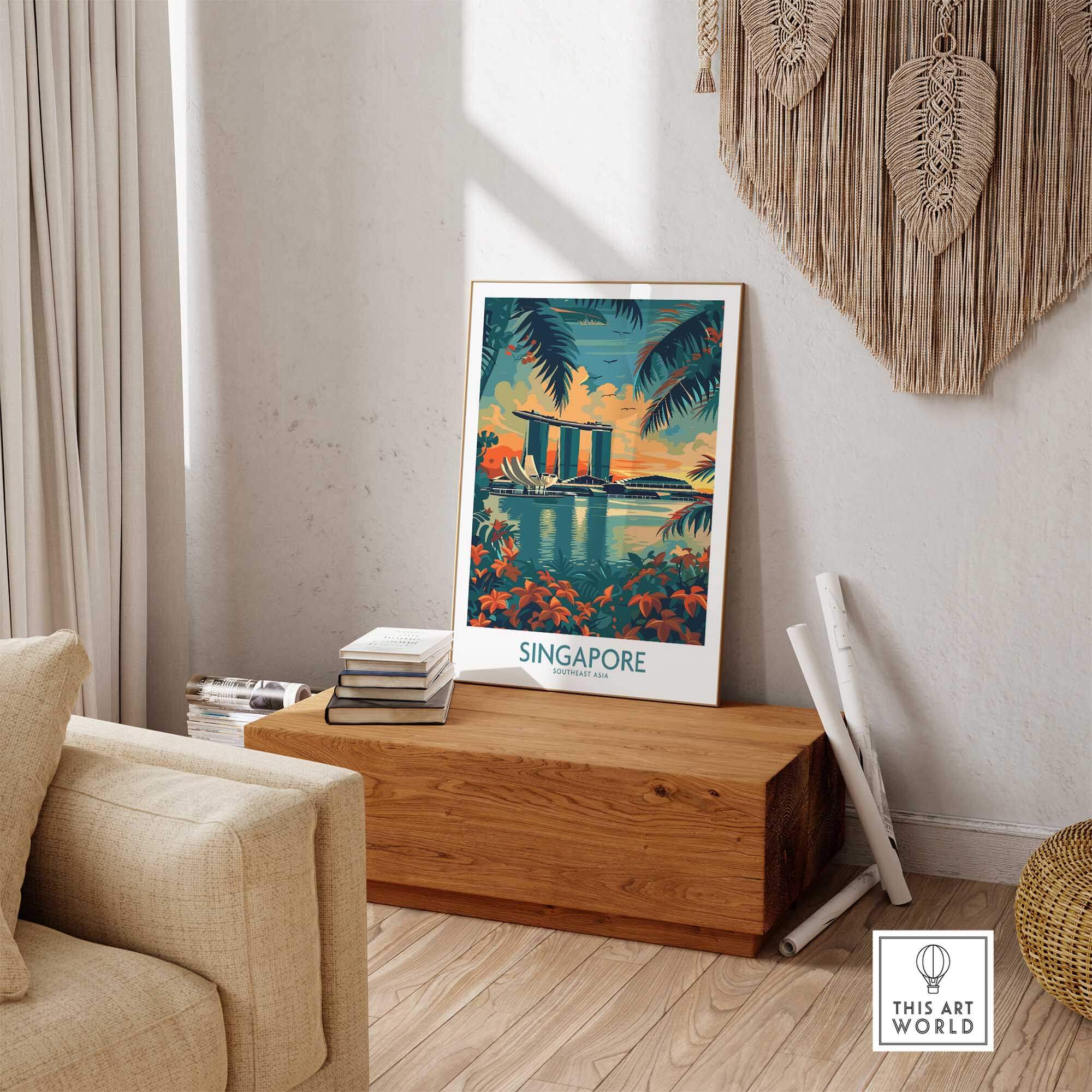 Singapore Travel Poster - Southeast Asia featuring Marina Bay Sands and tropical scenery in a stylish interior.