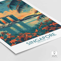 Singapore Travel Poster - Southeast Asia featuring vibrant Marina Bay Sands and lush tropical scenery.