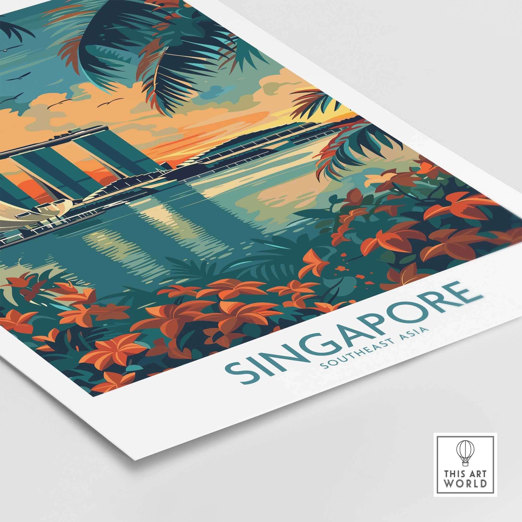 Singapore Travel Poster - Southeast Asia featuring vibrant Marina Bay Sands and lush tropical scenery.