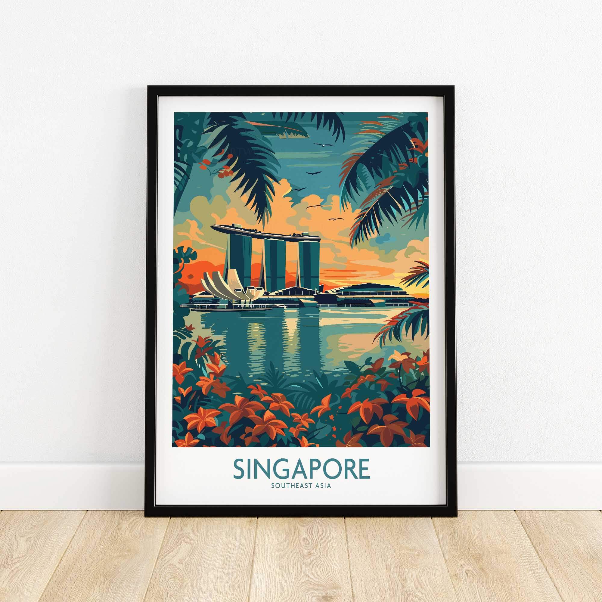 Singapore Travel Poster - Southeast Asia featuring Marina Bay Sands and tropical scenery.