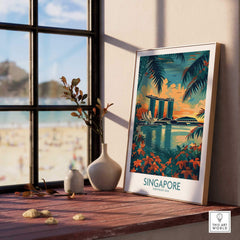 Singapore Travel Poster - Southeast Asia displayed in a cozy setting with a view of Marina Bay Sands.