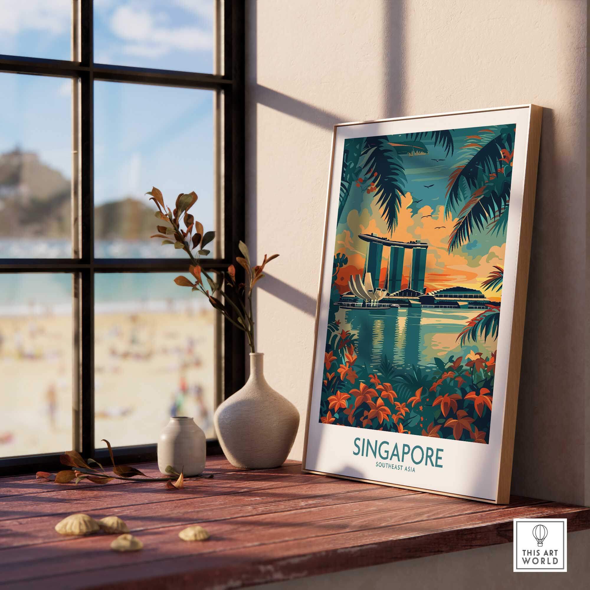 Singapore Travel Poster - Southeast Asia displayed in a cozy setting with a view of Marina Bay Sands.