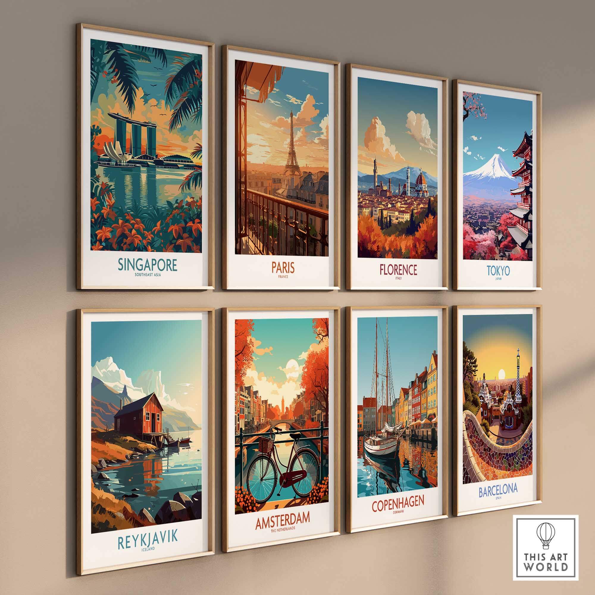 Singapore Travel Poster - Southeast Asia featuring iconic Marina Bay Sands and various famous cityscapes