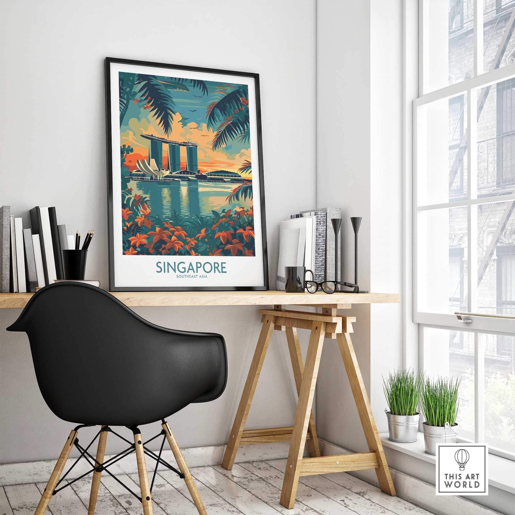 Singapore Travel Poster - Southeast Asia framed on a wall in a modern workspace with a desk and chair.