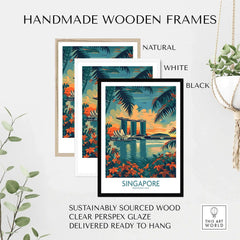Singapore Travel Poster - Southeast Asia in handmade wooden frames, showcasing a tropical design and vibrant colors.