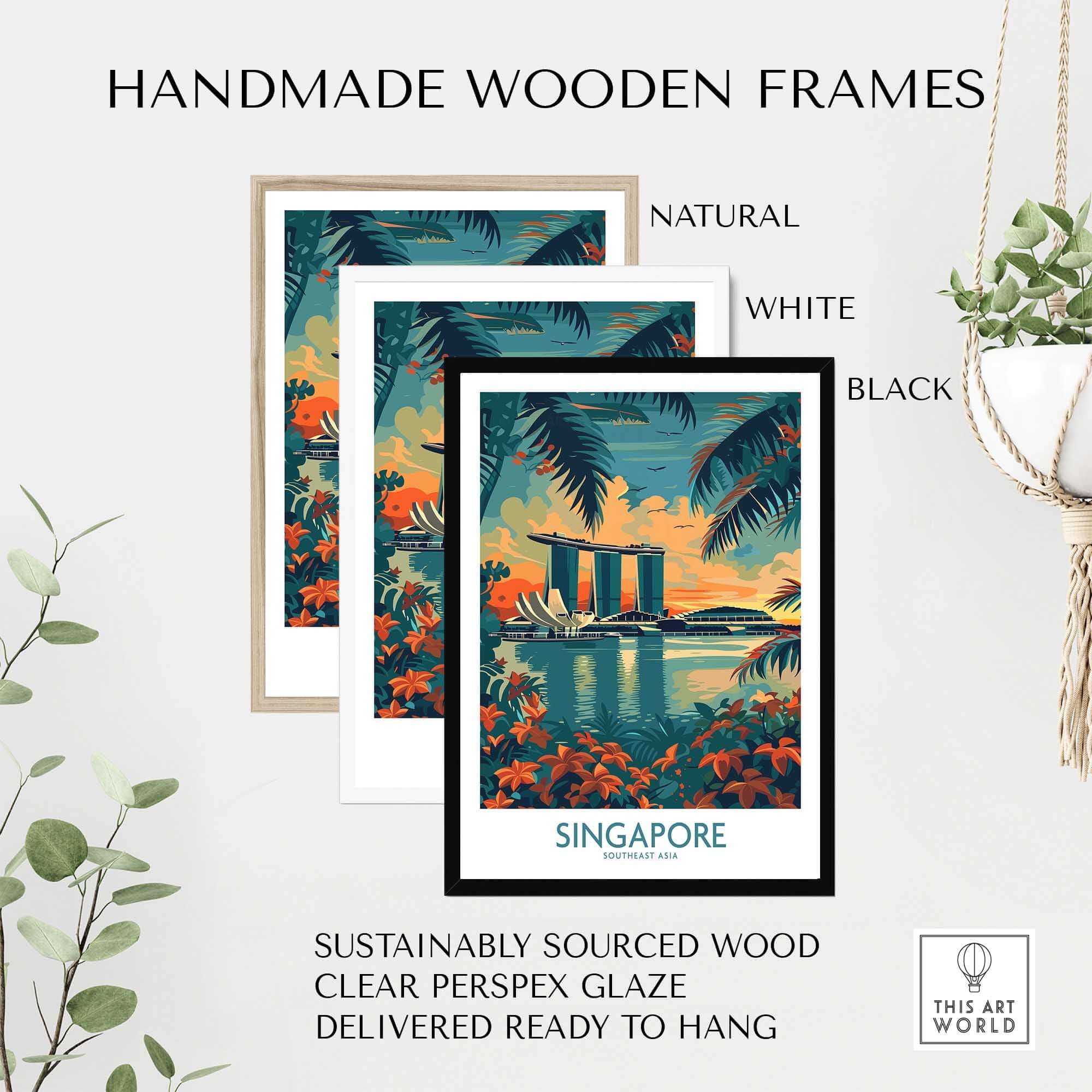 Singapore Travel Poster - Southeast Asia in handmade wooden frames, showcasing a tropical design and vibrant colors.