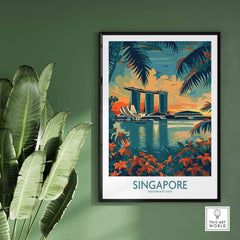 Singapore Travel Poster - Southeast Asia featuring iconic Marina Bay Sands against a tropical backdrop.