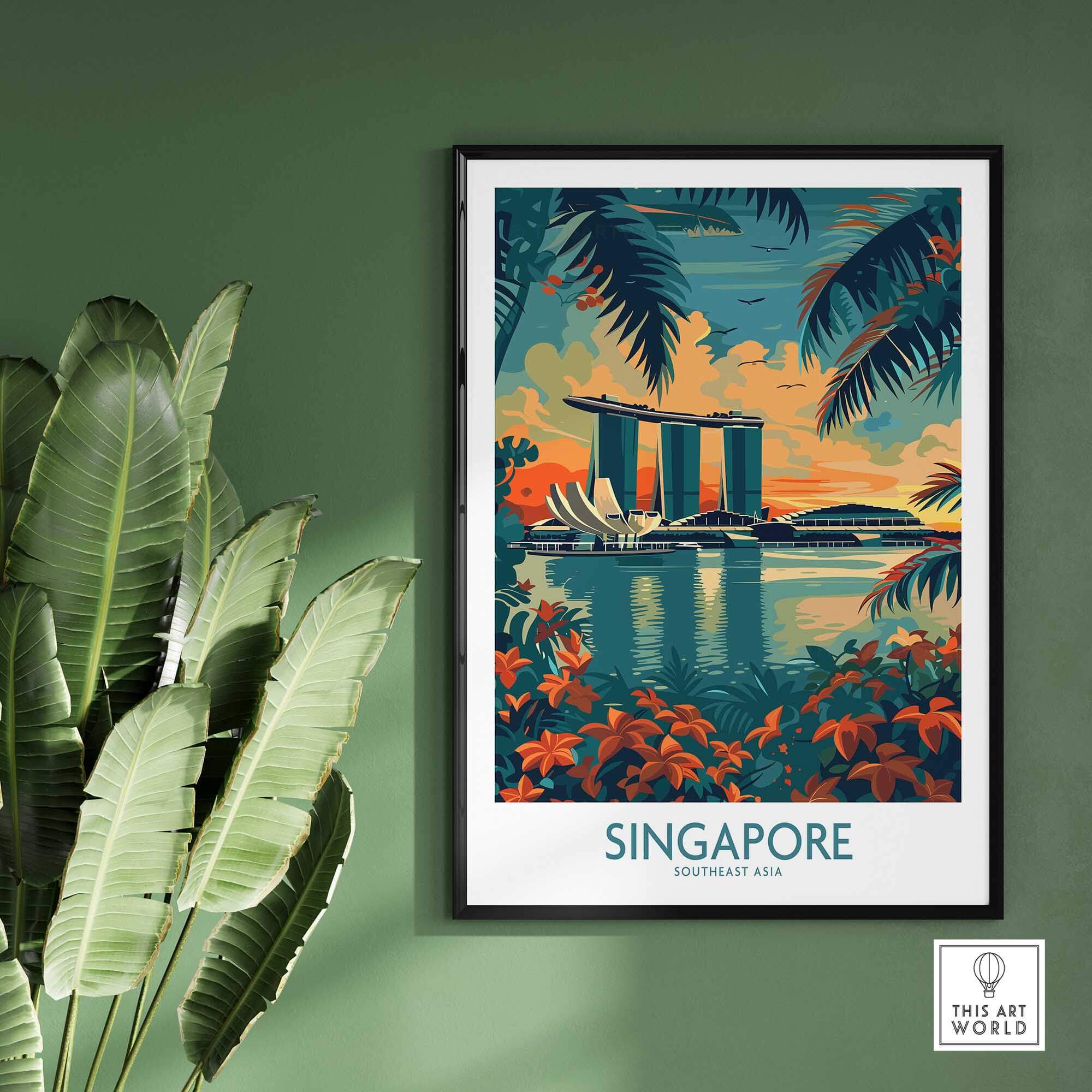 Singapore Travel Poster - Southeast Asia featuring iconic Marina Bay Sands against a tropical backdrop.
