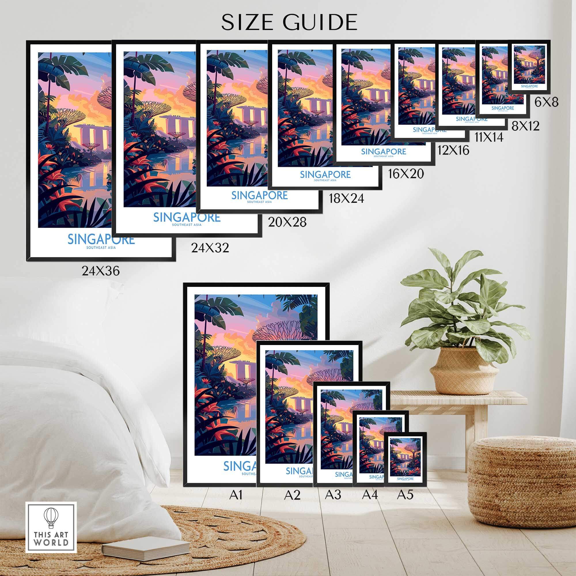 Size guide for Singapore Wall Art showcasing various frame sizes and iconic Singapore landmarks.