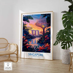 Beautiful Singapore Wall Art featuring iconic landmarks and vibrant colors in a stylish interior setting.
