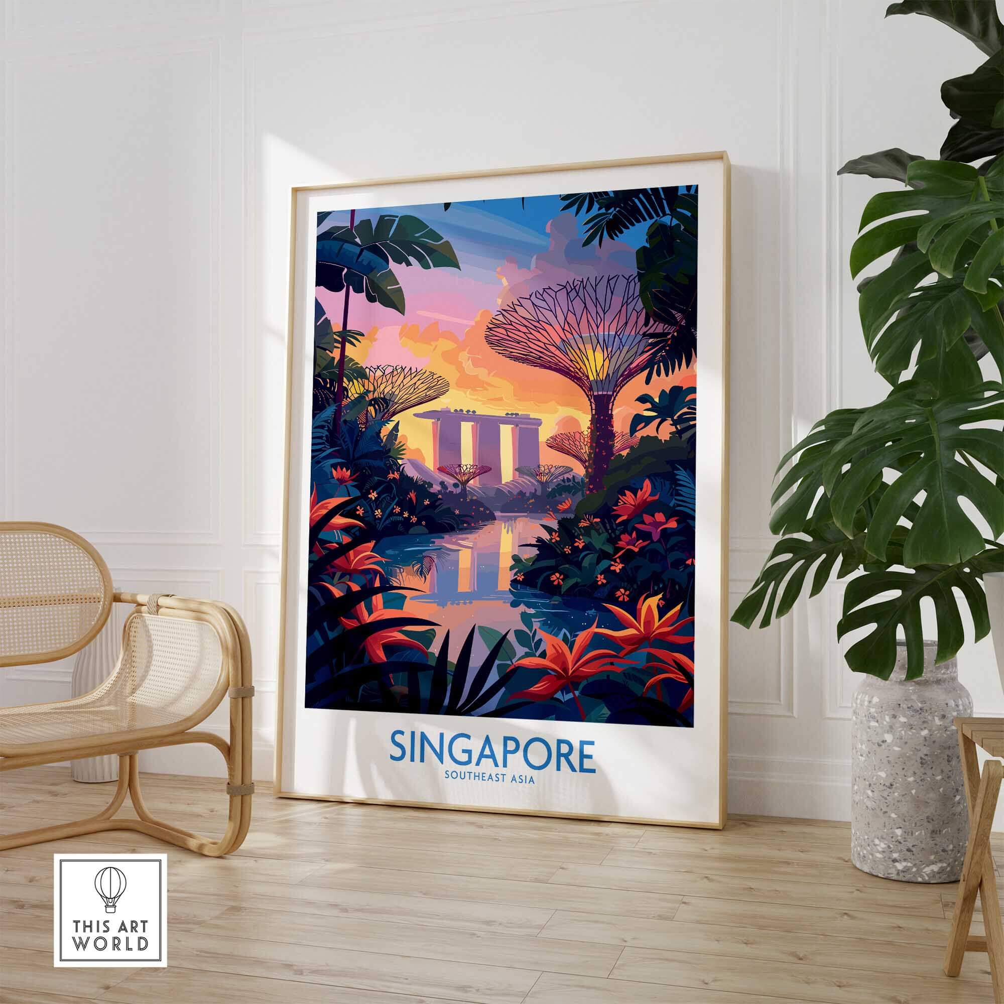 Beautiful Singapore Wall Art featuring iconic landmarks and vibrant colors in a stylish interior setting.
