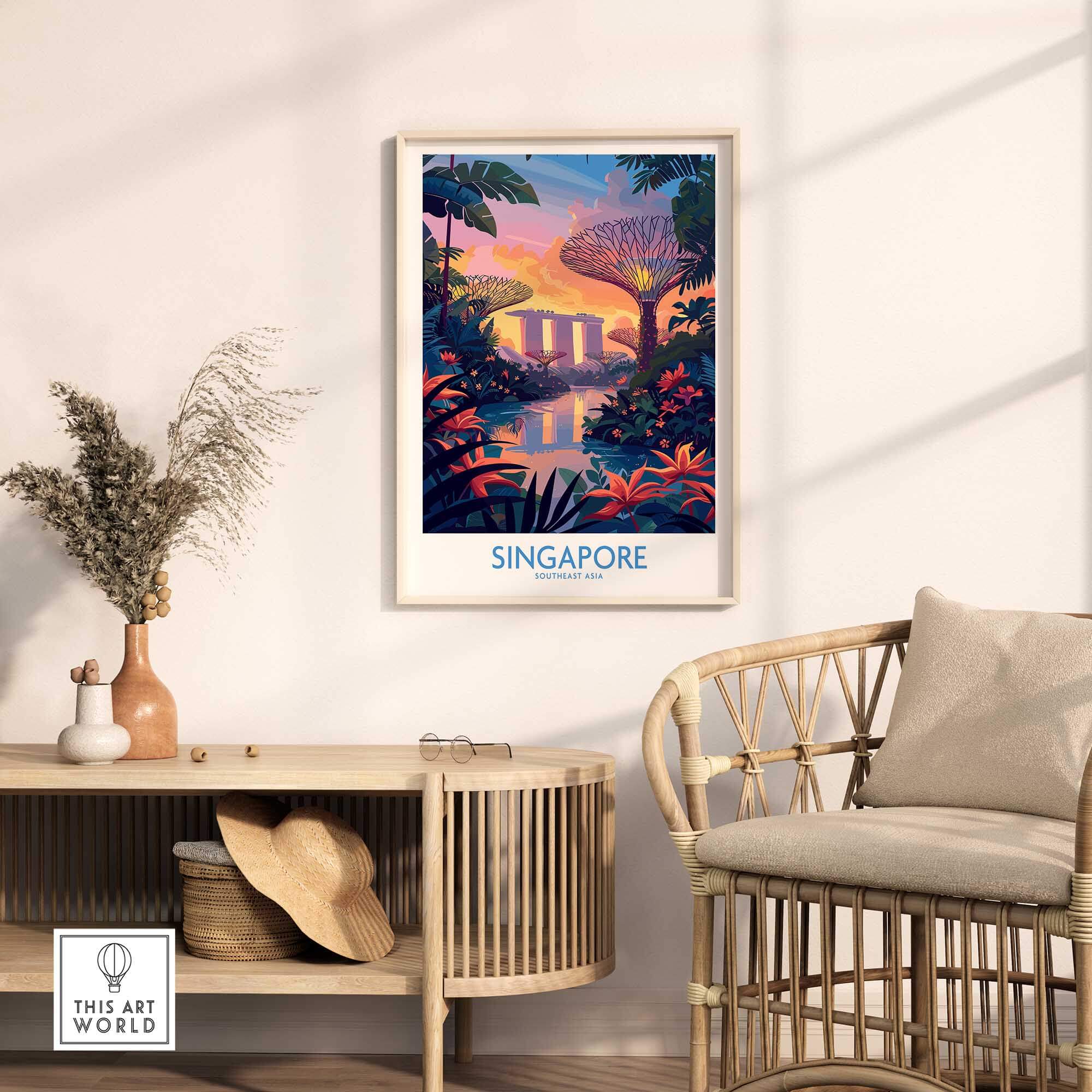 Beautiful Singapore Wall Art featuring vibrant colors and iconic landmarks displayed in a stylish home setting.