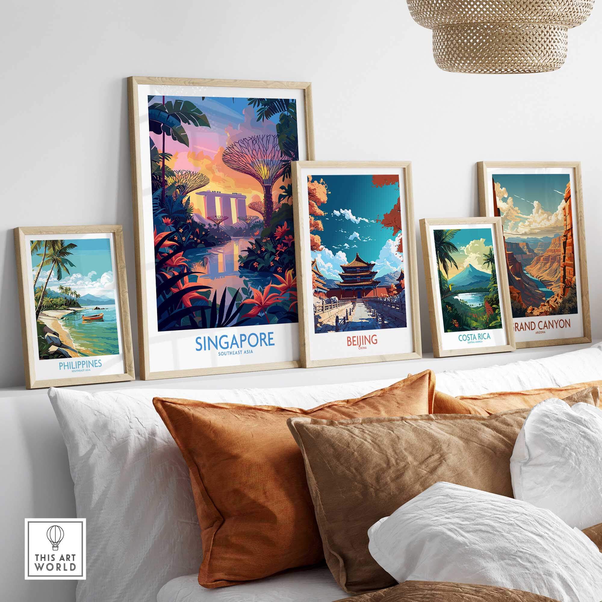 Singapore Wall Art displayed among international travel posters on a stylish living room wall.