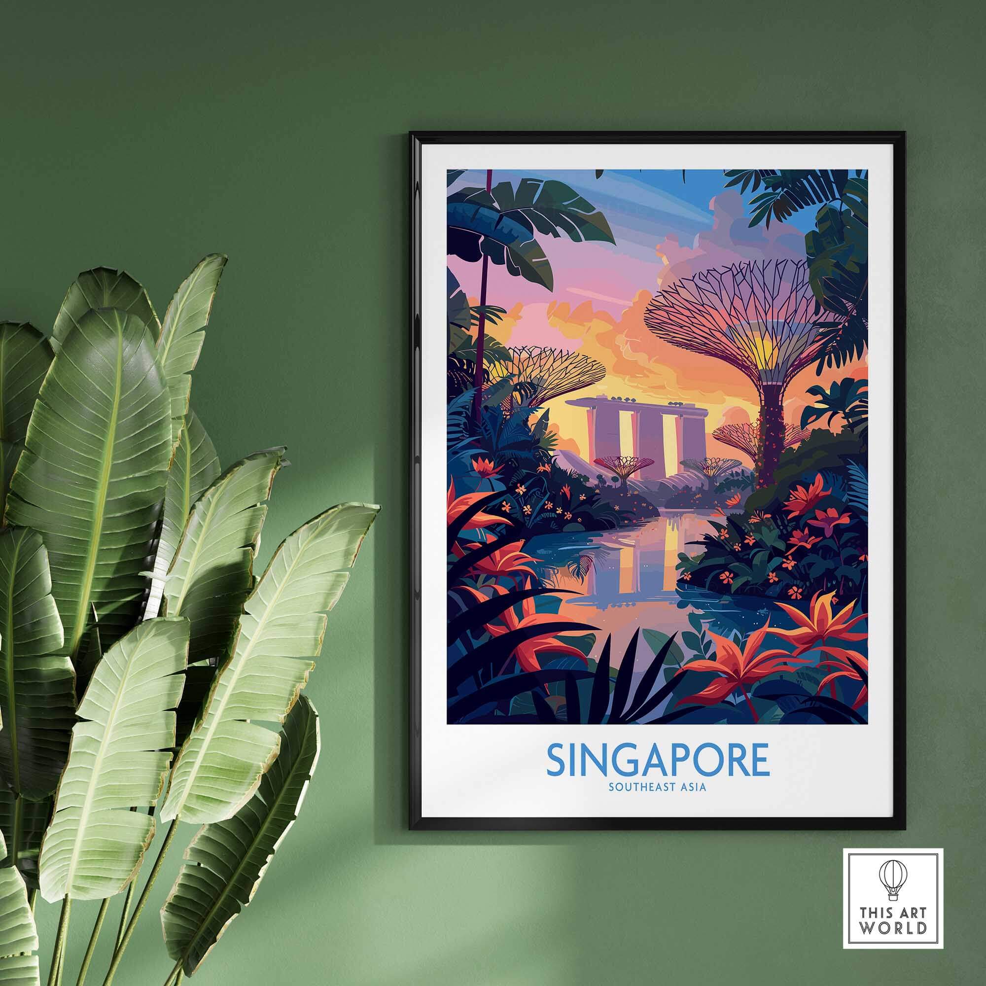 Singapore Wall Art showcasing iconic landmarks and vibrant colors in a stylish frame.
