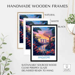 Handmade wooden frames showcasing Singapore Wall Art with vibrant colors and iconic landmarks, ready to hang.